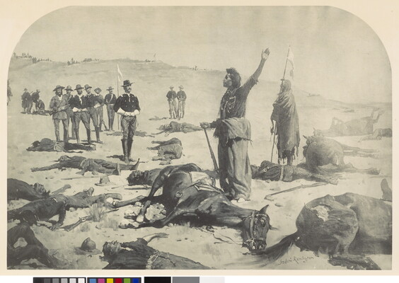 A black-and-white print of an Indigenous figure standing, with arm raised, surrounded by dead horses and men as uniformed White men stand nearby.