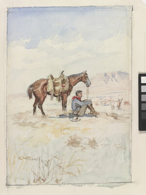 A watercolor of a horse in profile standing behind a White cowboy sitting on the ground smoking a cigarette.