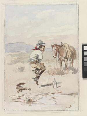 A watercolor of a wide-eyed grimacing White cowboy jumping with his legs crossed as his horse stands close by.