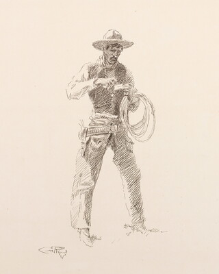 A black-and-white drawing of a standing cowboy, a rope looped around one arm, as he rolls a cigarette.