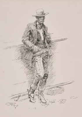 An ink drawing of a cowboy with a wrinkled face wearing a cowboy hat, leaning against a wall, his hand tucked into his pocket.