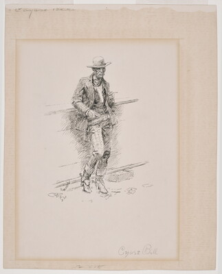 An ink drawing of a cowboy with a wrinkled face wearing a cowboy hat, leaning against a wall, his hand tucked into his pocket.