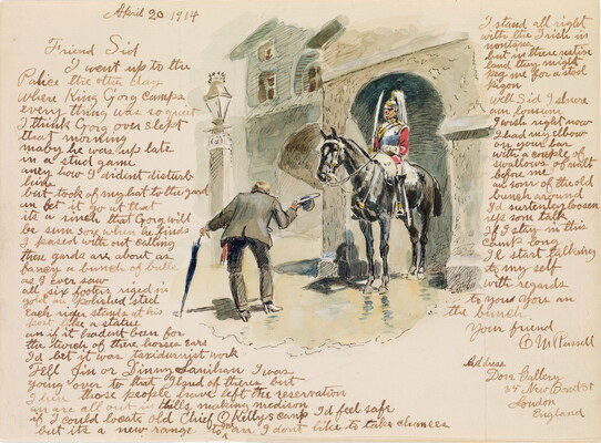 An ink and watercolor drawing of man in civilian dress bowing in front of a soldier on horseback surrounded by a hand-written letter.