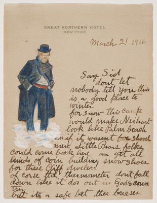A watercolor of an older White man wearing a bowler hat and a long blue suit jacket surrounded by handwritten text.