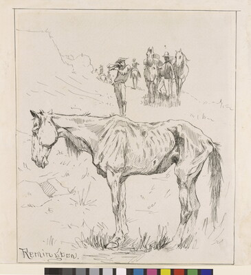 A drawing of a cowboy aiming his gun at a malnourished horse.