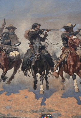 Detail of an oil painting of a group of men on horseback riding directly toward the viewer, shooting guns over their shoulders at people in pursuit.