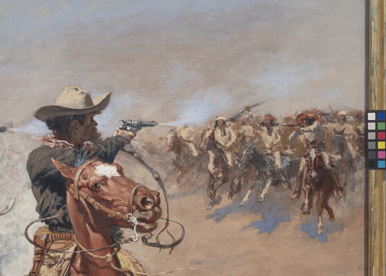 Detail of an oil painting of a group of men on horseback riding directly toward the viewer, shooting guns over their shoulders at people in pursuit.