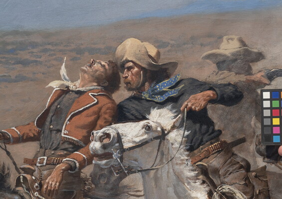 Detail of an oil painting of a group of men on horseback riding directly toward the viewer, shooting guns over their shoulders at people in pursuit.