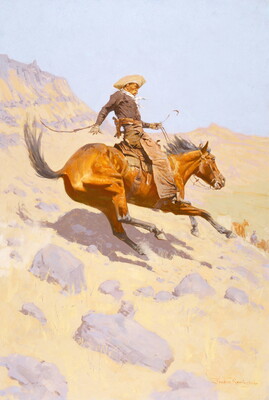 An oil  painting of a cowboy riding a horse that is sliding down a steep, rocky incline.