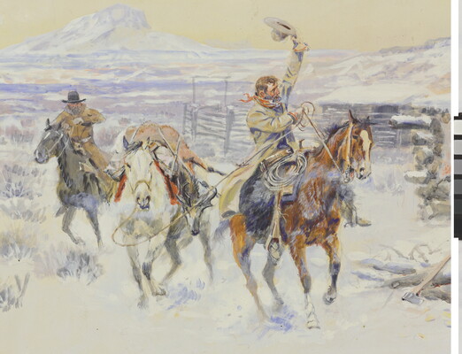 A detail of a watercolor of two cowboys on horseback riding away from two other men standing in the door of a log cabin in a snowy setting.