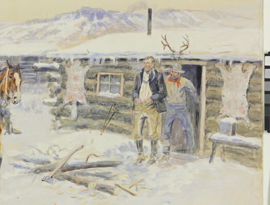 A detail of a watercolor of two cowboys on horseback riding away from two other men standing in the door of a log cabin in a snowy setting.