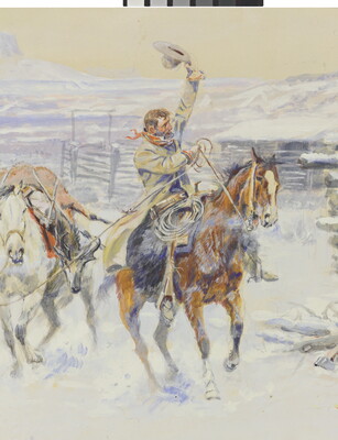 A detail of a watercolor of two cowboys on horseback riding away from two other men standing in the door of a log cabin in a snowy setting.