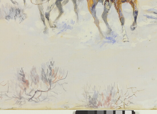 A detail of a watercolor of two cowboys on horseback riding away from two other men standing in the door of a log cabin in a snowy setting.