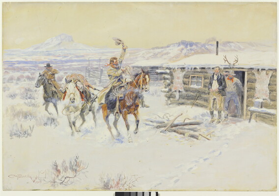 A watercolor of two cowboys on horseback riding away from two other men standing in the door of a log cabin in a snowy setting.