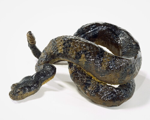 A painted sculpture of a coiled, multicolored rattlesnake.