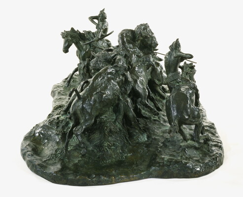 A bronze sculpture of two Native men, one with a spear and the other with a bow, on horseback circling a group of bison.