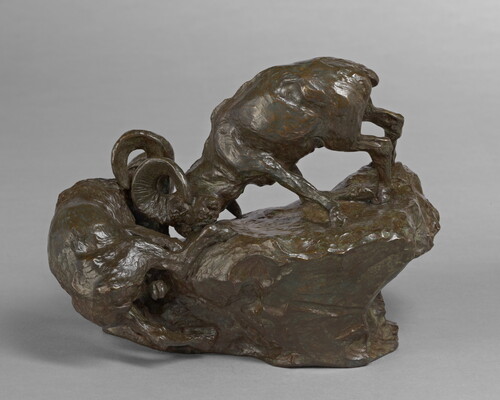 A bronze sculpture of two mountain sheep fighting on the edge of a rock.