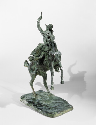 A bronze sculpture of a man pointing a gun up high over his head while on a rearing horse.