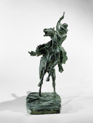 A bronze sculpture of a man pointing a gun up high over his head while on a rearing horse.
