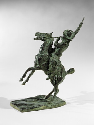A bronze sculpture of a man pointing a gun up high over his head while on a rearing horse.