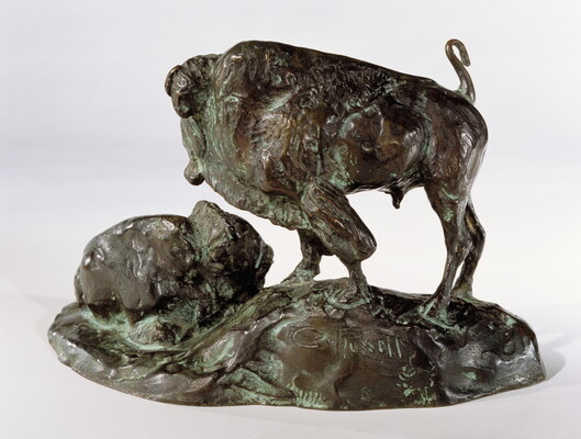 A bronze sculpture of two bison, one lying down and the other standing.