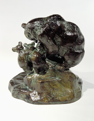 A bronze sculpture of a mother bear and her two cubs huddled on a rock as a porcupine walks past.