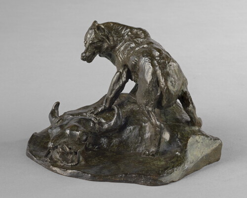 A bronze sculpture of a wolf standing over a bison skull with a rattlesnake hiding inside.