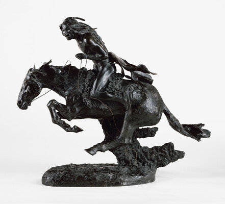 A bronze sculpture of an Indigenous man riding a running horse.