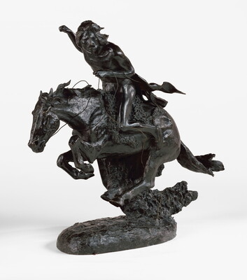 A bronze sculpture of an Indigenous man riding a running horse.