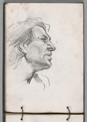 A pencil sketch of a man in profile, longish hair, from the neck up on a page in a ringed notebook.