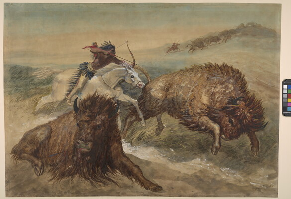 A watercolor of a Native American man on horseback shooting a bow and arrow at one bison while another lies injured nearby.