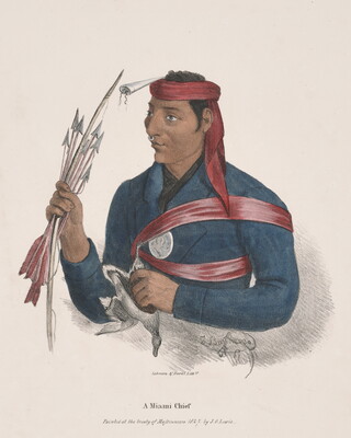A color print of an Indigenous man wearing a red scarf around his head, silver ring in his septum, blue jacket with a red sash, holding a bow and arrows in his right hand, a bird carcass in the other.