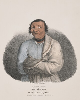 A color print of an Indigenous man wearing a black choker necklace, a light blue tunic, and an animal skin cloak draped over one shoulder.