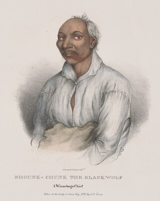 A color print of an Indigenous man, mostly bald with white hair at the back, a red stripe on his chin, wearing a loose white shirt.