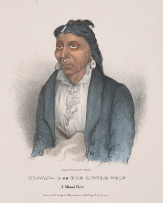 A color print of an Indigenous man with a blue scarf around his head, red paint around his eyes, silver earrings and septum ring, a ruffled white shirt under a blue jacket.