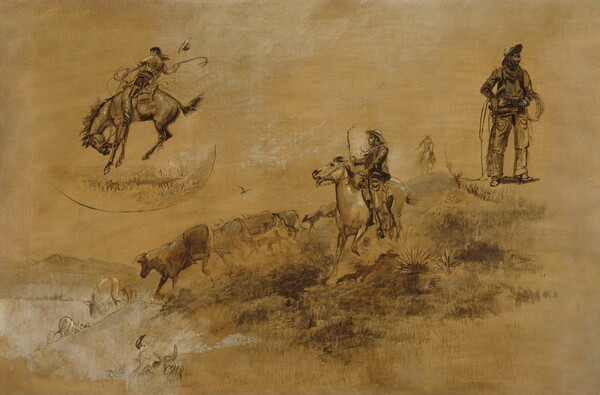 A painting featuring multiple vignettes: a cowboy on a bucking bronco, a cowboy herding cattle, and a standing cowboy with a rope looped around one arm.