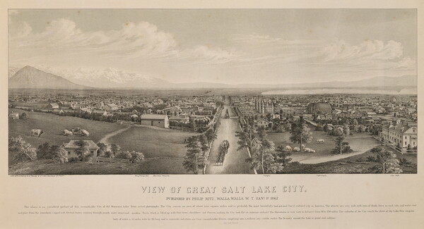 A black-and-white print of farmland in the foreground, then a city on either side of a wide street, a large lake beyond the city, and mountains in the distance.
