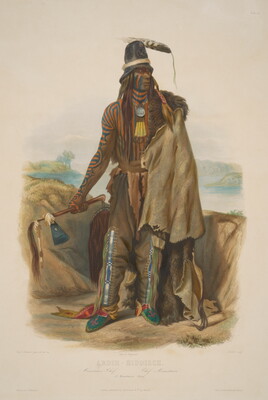 A color print of an Indigenous man with face and torso painted, wearing furs, brightly colored shoes, a feathered hat, and holding a tomahawk.