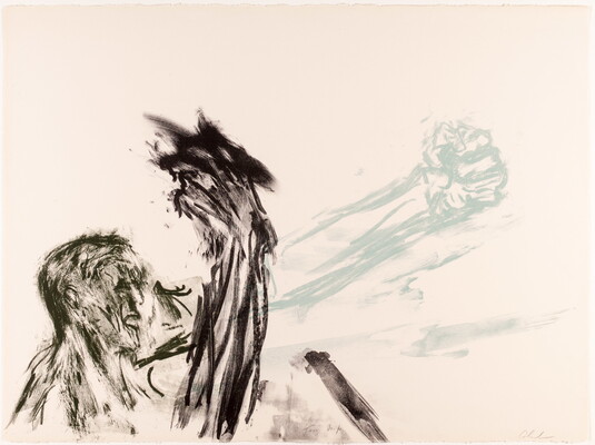 A color sketch-like print of a person punching their left fist out and holding their right fist up.