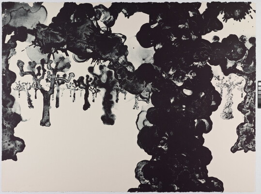 An abstract black-and-white print of tree-like shapes made up of clumped circular forms.