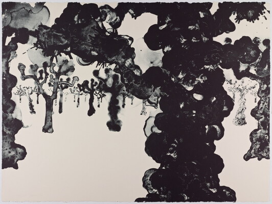 An abstract black-and-white print of tree-like shapes made up of clumped circular forms.