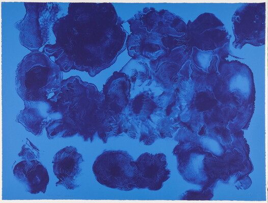 An abstract color print of circular, fluid, splotchy forms in shades of blue on blue paper.