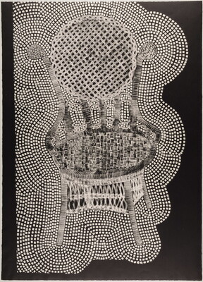 A black-and-white abstract print of a chair with lots of dots radiating out from the chair to a black background.
