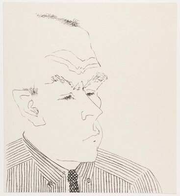 A black-and-white print of a line drawing of a White man with bushy eyebrows wearing a striped shirt and tie.