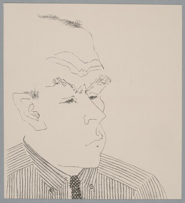 A black-and-white print of a line drawing of a White man with bushy eyebrows wearing a striped shirt and tie.