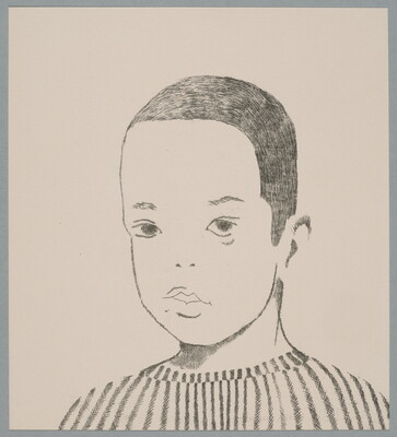 A black-and-white print of a line drawing of a boy with short, dark hair wearing a striped shirt.