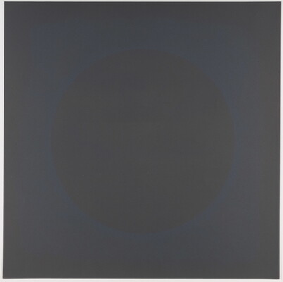 A color print of a circle defined by faint a blue spattered outline in the center of a dark gray square.