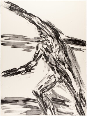 An abstract black-and-white print of a nude man extending one arm above his head as he lunges forward.