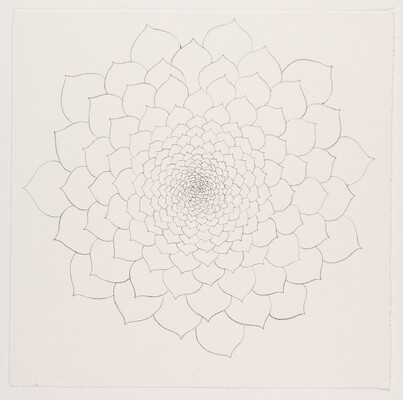 A black-and-white print of a radial mandala line drawing consisting of repeating petal shapes that get smaller toward the center.