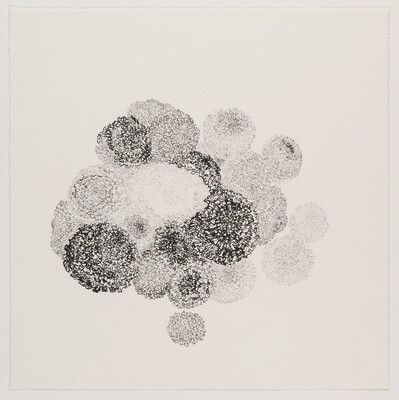 A black-and-white print of fuzzy textured, overlapping round shapes that vary from dark to light in value.